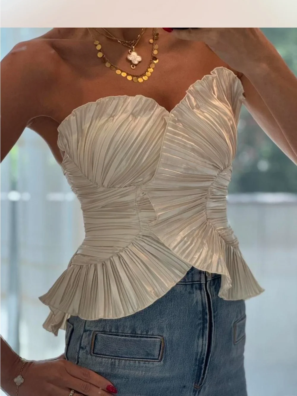 Vintage Ivory Strapless Pleated Ruffle Peplum Dress - Picture 2 of 6